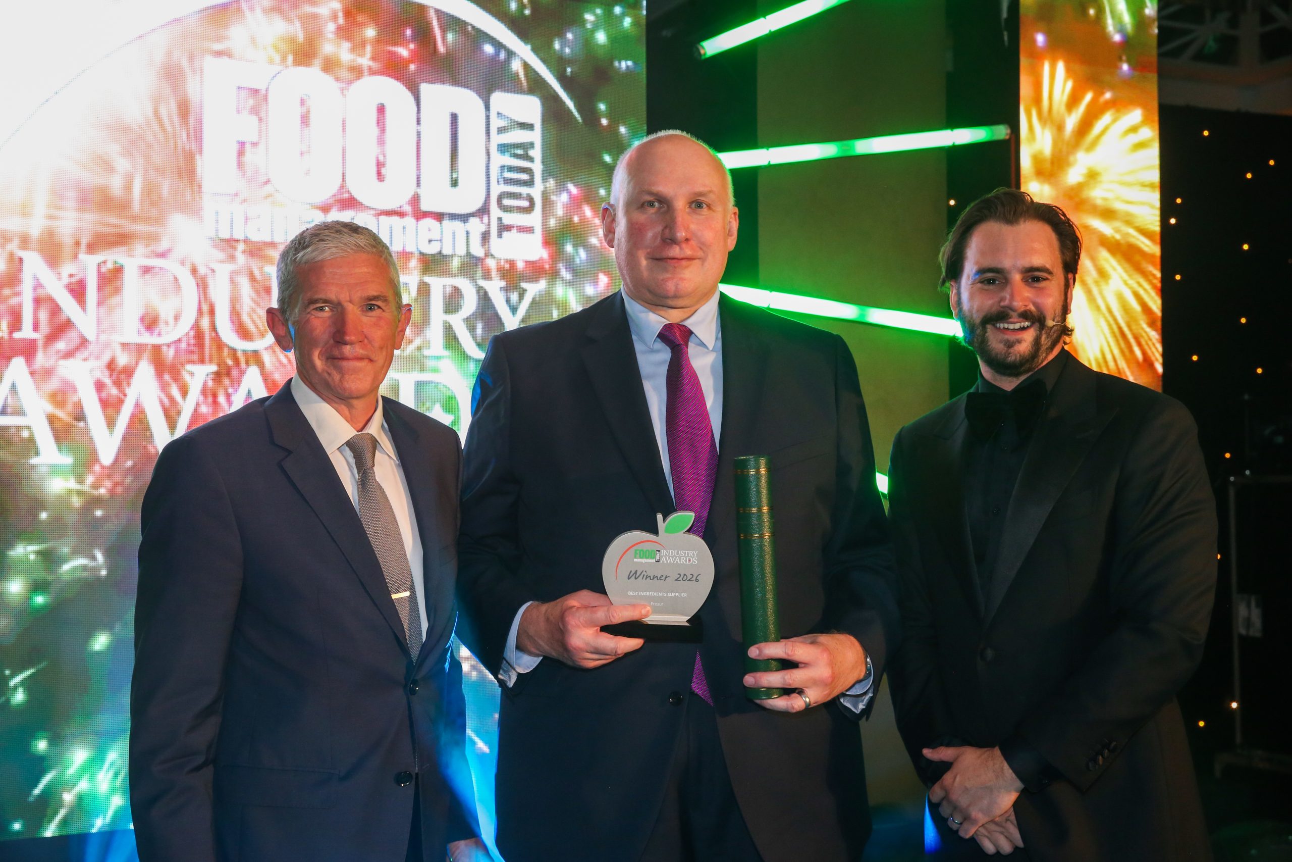 Best Bakery Product: Winner – Chef’s Larder 18 Mini Victoria Sponge Cakes by Booker. (L-R) Madison Kavanagh of category partner Everest People Solutions, Sarah Miller of Booker, with Michel Roux Jr.