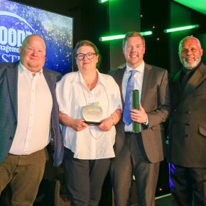 Best Free From Product: Winner – Porky Whites Cumberland Pork Swirl Premium Sausage. (L-R): James Fitch of category partner Interfood Technology, Carla Quirk and Paul Van Wymeersch of Porky Whites and Gary Wilmot.