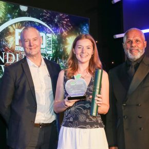 Best Bakery Product: Winner – Aldi Specially Selected Chocolate Luxury Cake. (L-R): Paul Johnson of category partner Fritsch, Alice Mercer representing Aldi and Gary Wilmot.