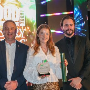 Best Seafood Product: Winner – Aldi Specially Selected Cheese & Dill Salmon Wellington. (L-R): David Leigh of category partner Moguntia, Alice Mercer on behalf of Aldi and Luke Kempner.