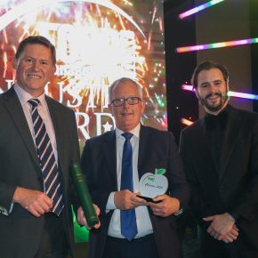 Food Manufacturer of the Year: Winner – Dunbia. (L-R): Barry Jackson of category partner JBT Marel, Isla Roebuck of Dunbia and Luke Kempner.